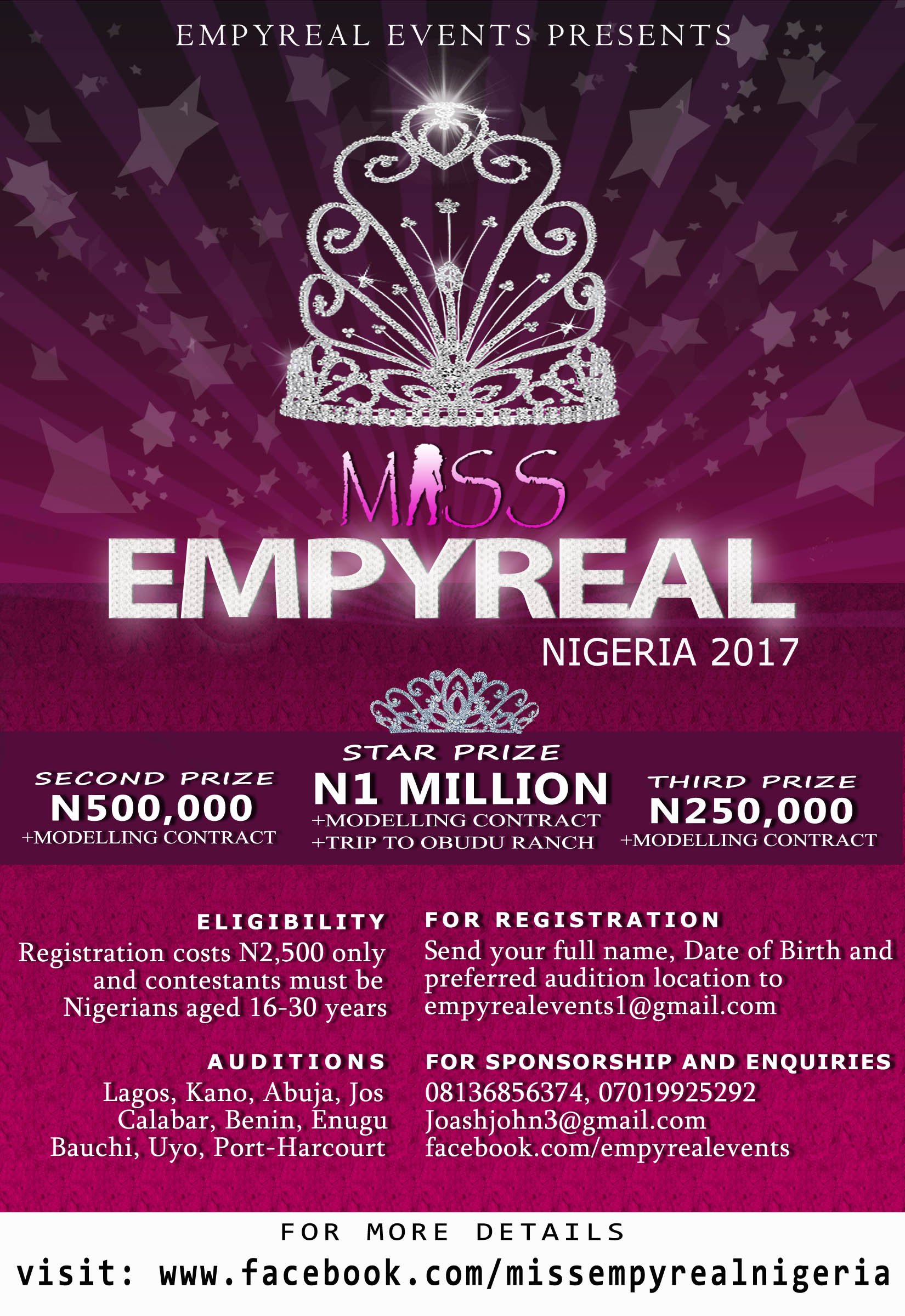 EMPYREAL EVENTS TO CROWN THE QUEEN OF NIGERIA IN THE MAIDEN EDITION OF MISS EMPYREAL NIGERIA