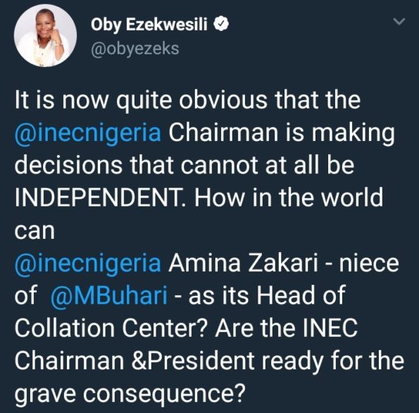 Oby Ezekwesili  INEC collation centre.